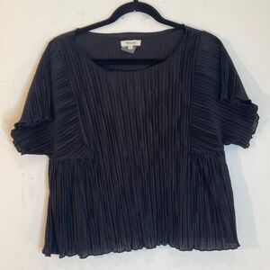Madewell Black Short Sleeve Crinkled Crepe Top Cropped Blouse, Size-S